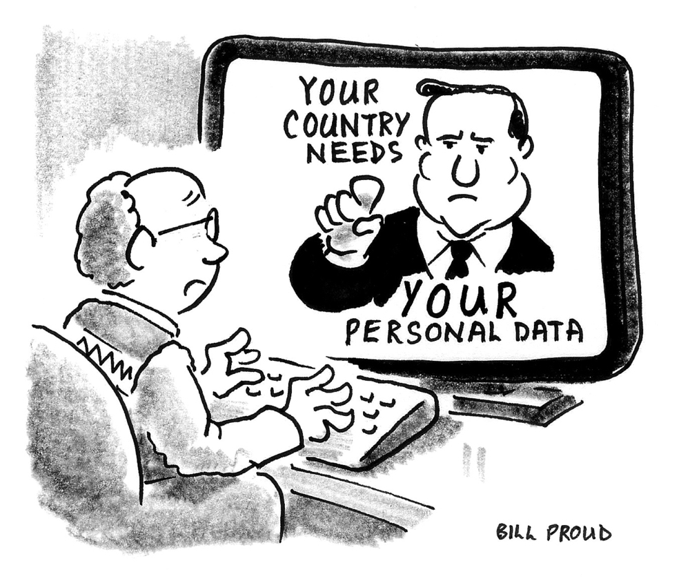 Man pointing at user appears on computer screen saying: “Your country needs your personal data”